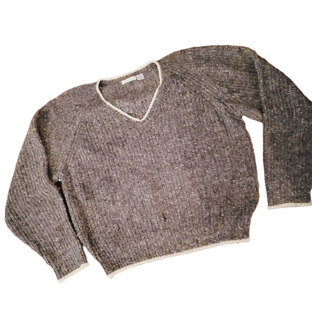 Claiborne Womens Brown Gray V Neck Longโ Sleeve Pullover Knit Ragwool Sweater L